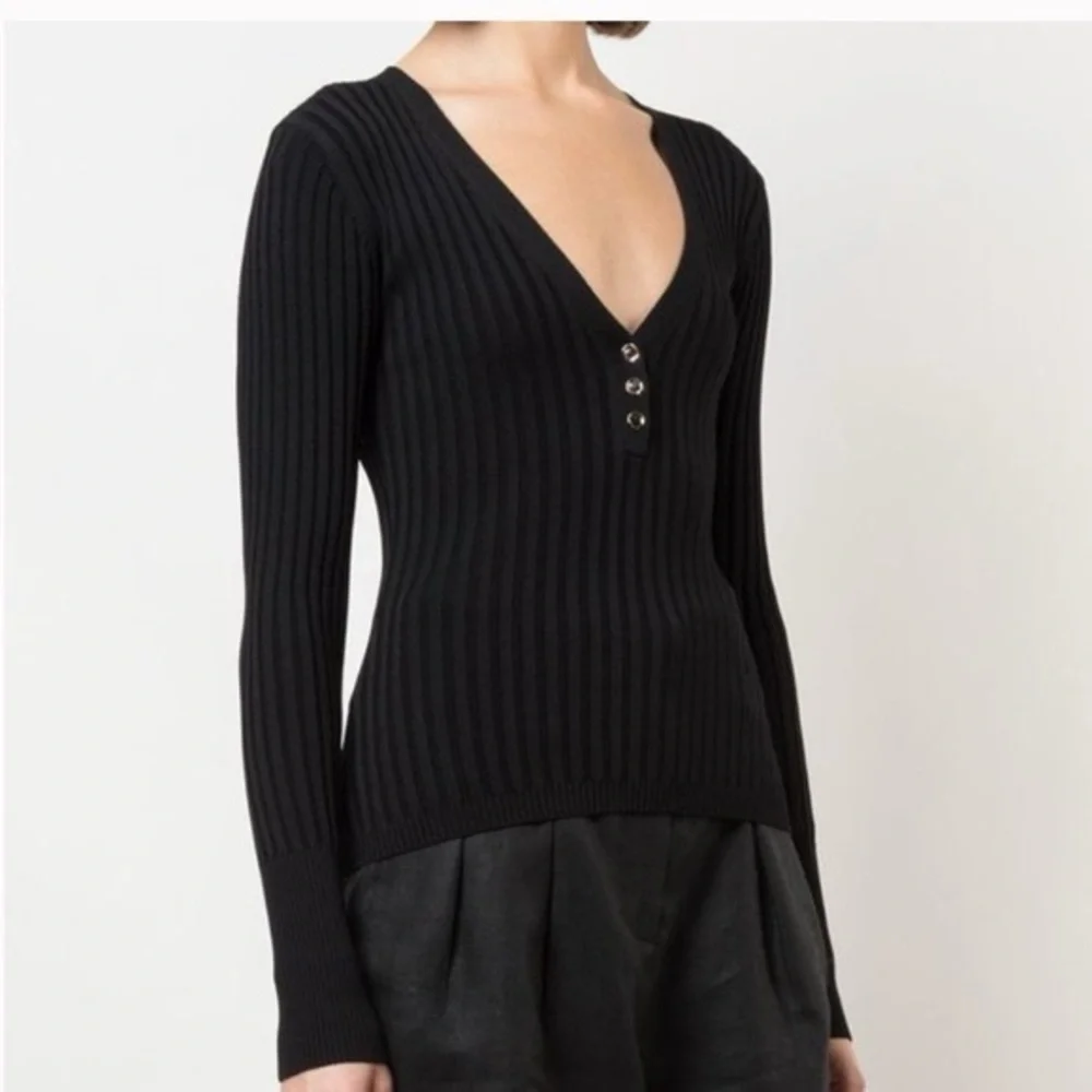 Nicholas Zia Ribbed Henley‎ Sweater Size Small Black V-Neck